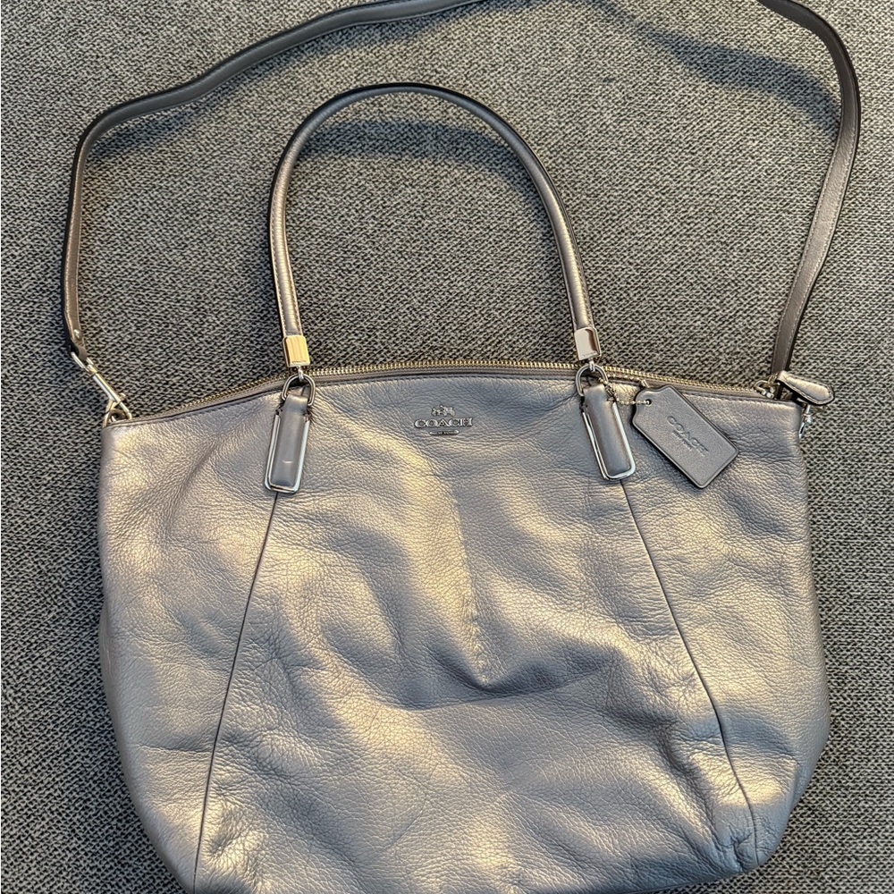 Coach Gray Shoulder Bag with Slouchy Design and Gold Hardware